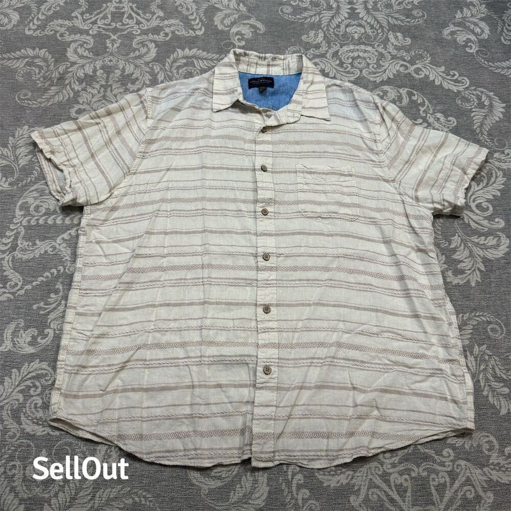 Lucky Brand Men's Large Ivory Striped Linen Blend Button-Up Shirt - Picture 1 of 9
